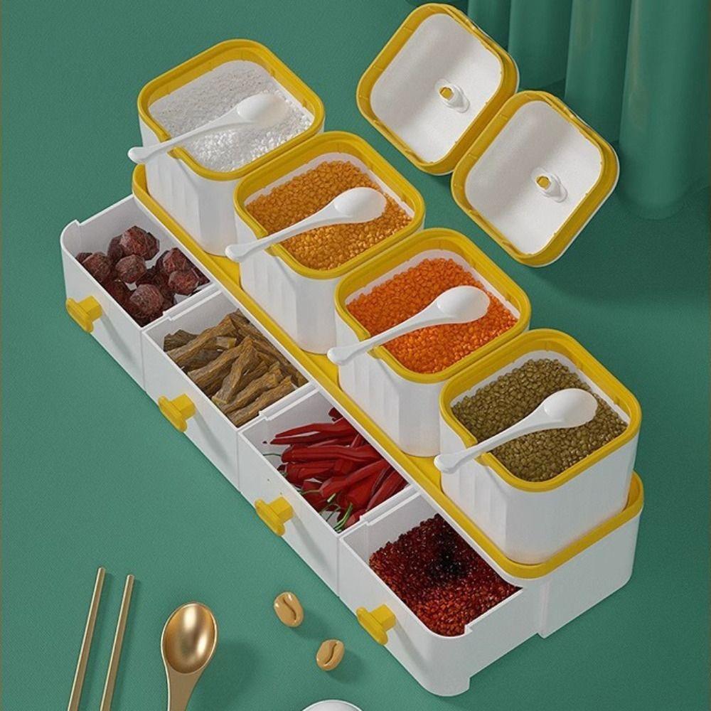 8 Grids Condiment Container with Spoon Spice Box Kitchen Tool Seasoning Jar Set  Restaurant