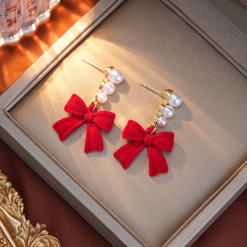 Red Christmas Earrings with Fur Ball, Long Tassel & Bow - Autumn/Winter Festive Accessory