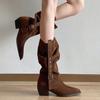 2025 new western cowboy boots women's retro pleated piled boots pointed belt buckle thick heel medium tube knight boots