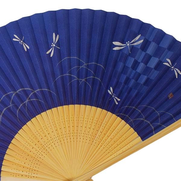 white bamboo with carved navy blue background with dragonfly Men's fan, design, scented, pattern, 22.5 cm.