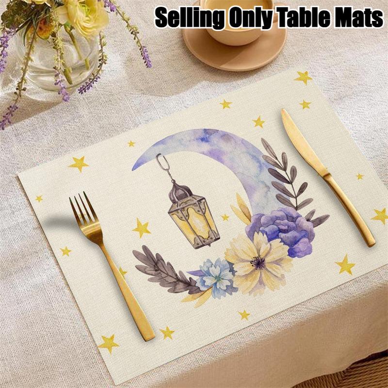 4/2 Stück Happy Ramadan Laterne und Mond Tischsets Festliche Atmosphäre Dekoration Leinen Tischgeschirr Matte Hitzebeständig