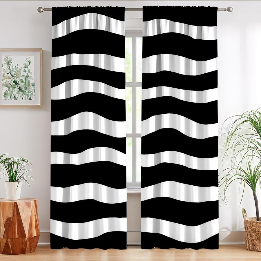 2pcs Black and white horizontal patterned curtains   minimalist style   living room   bedroom   pull rod pocket   window decoration