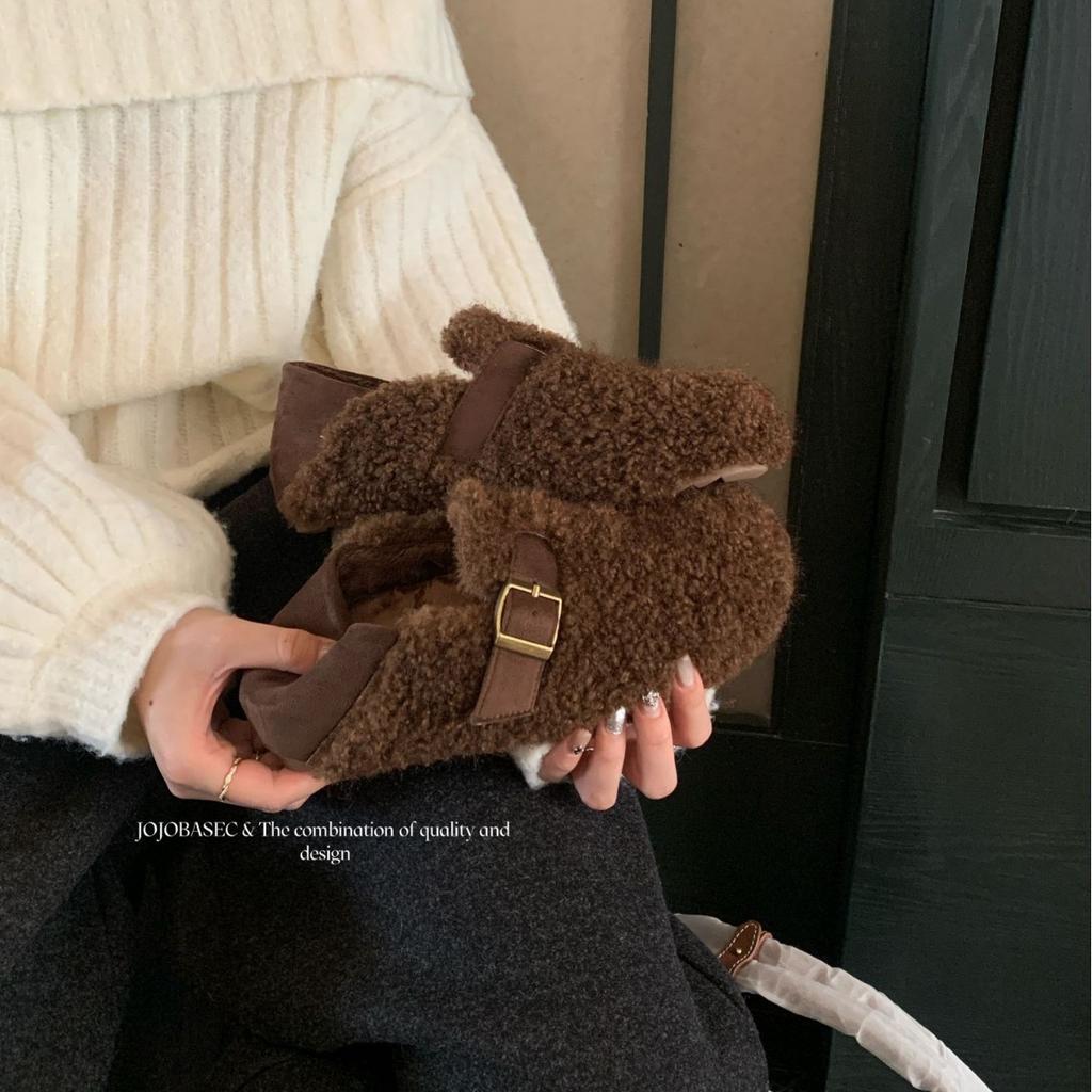 2025 autumn and winter new round head fur belt buckle soft bottom foot cover work commuter warm women's cotton shoes