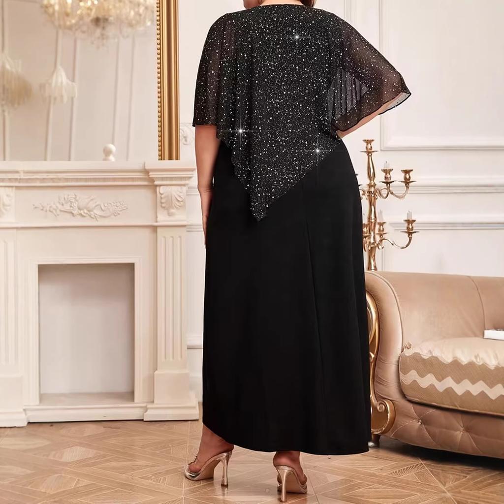 Großformatige Damenbekleidung, Modisches Temperament V-Ausschnitt Taille Fledermausärmel Langes Kleid