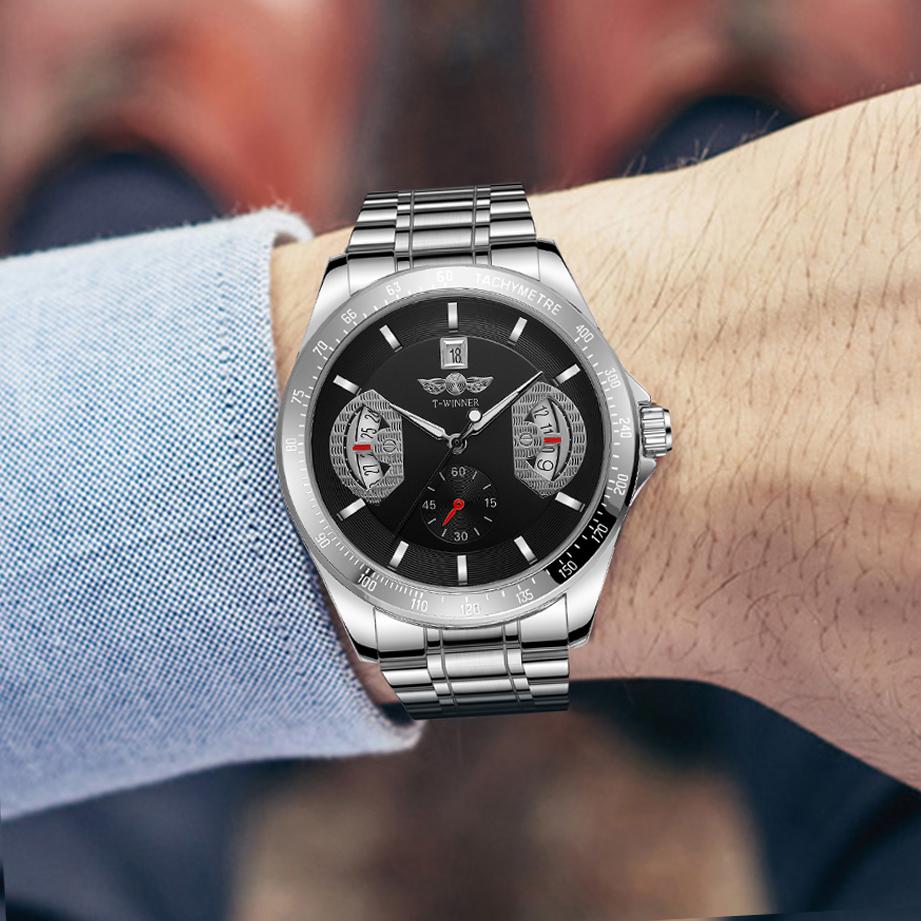 WINNER Sports Gold Automatic Watch for Men Date Display Luminous Hands Stainless Steel Strap Top Brand Luxury Mechanical Watches