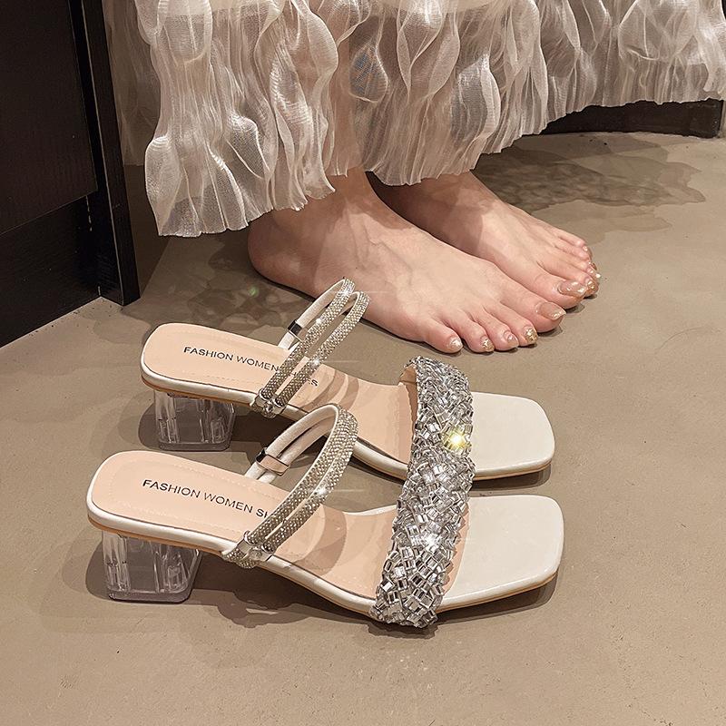 Square head sandals summer new transparent rhinestone high heels open-toed sandals drag women's shoes temperament hundred towers