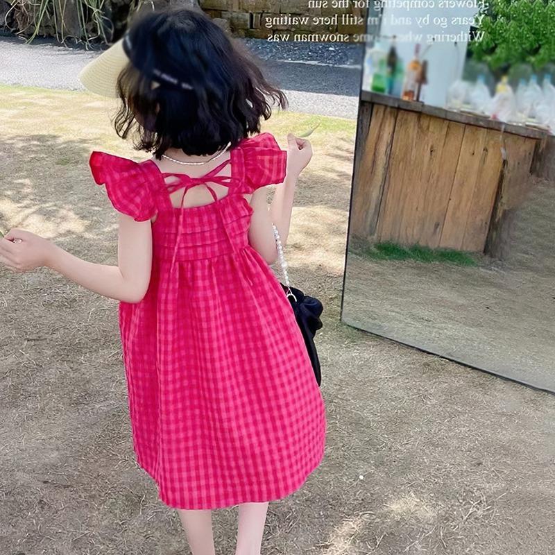 Kinder Mädchen Kleid mit fliegenden Ärmeln, quadratischem Ausschnitt auf der Rückseite, mit Schnürung, Prinzessinnenkleid