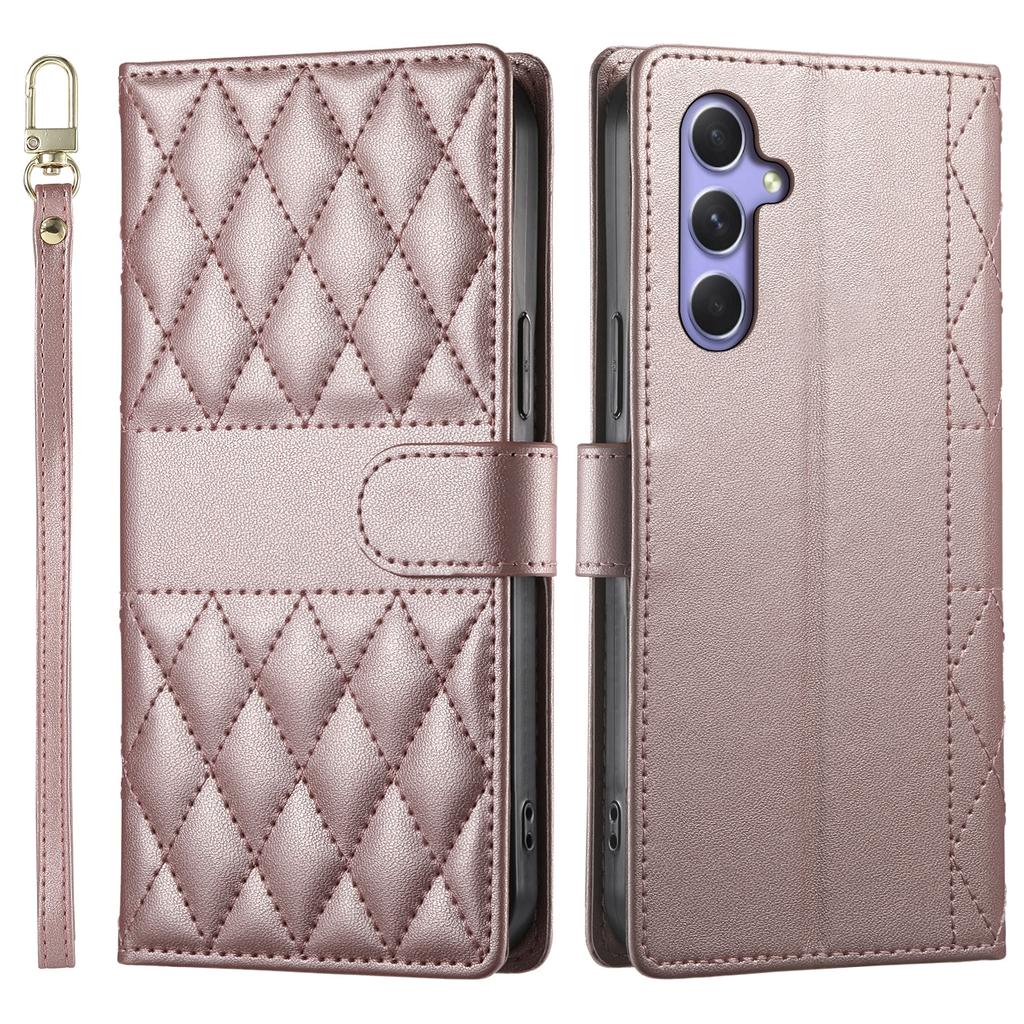 For Samsung Galaxy A55 5G Case Rhombus Stitching Wallet Stand Leather Phone Cover with Long/Short Strap