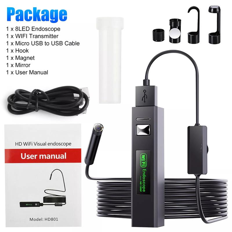Wireless Endoscope Wifi Borescope Inspection Camera 1200P Hd Ip68 Waterproof Snake Camera With 8 Led For Android Ios Tablet Pc