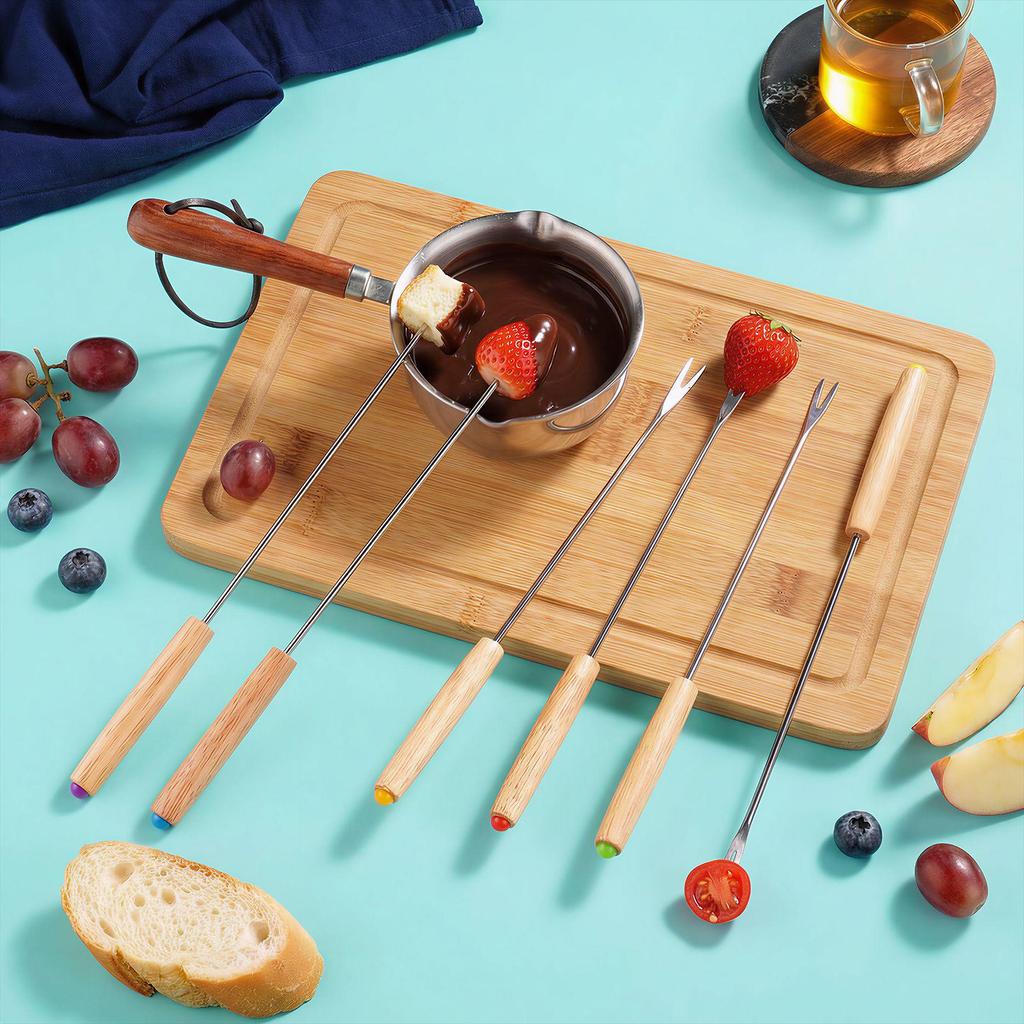 Oak Handle Fondue Fork Set - 6 Pieces for Cheese, Bread & Chocolate