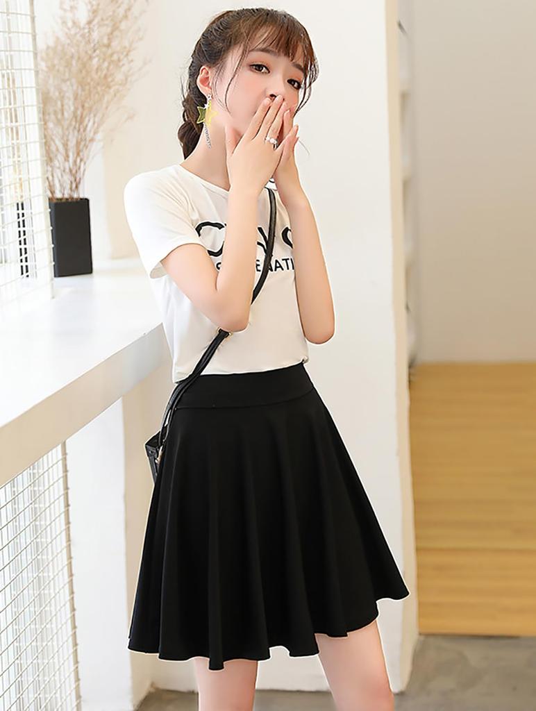 Sharphon Black Flared Length Elastic Korean with Inner High Mini Solid Perfect for and Everyday REI211 Skirt, 45cm, Waist, Style, Pants, Waist,