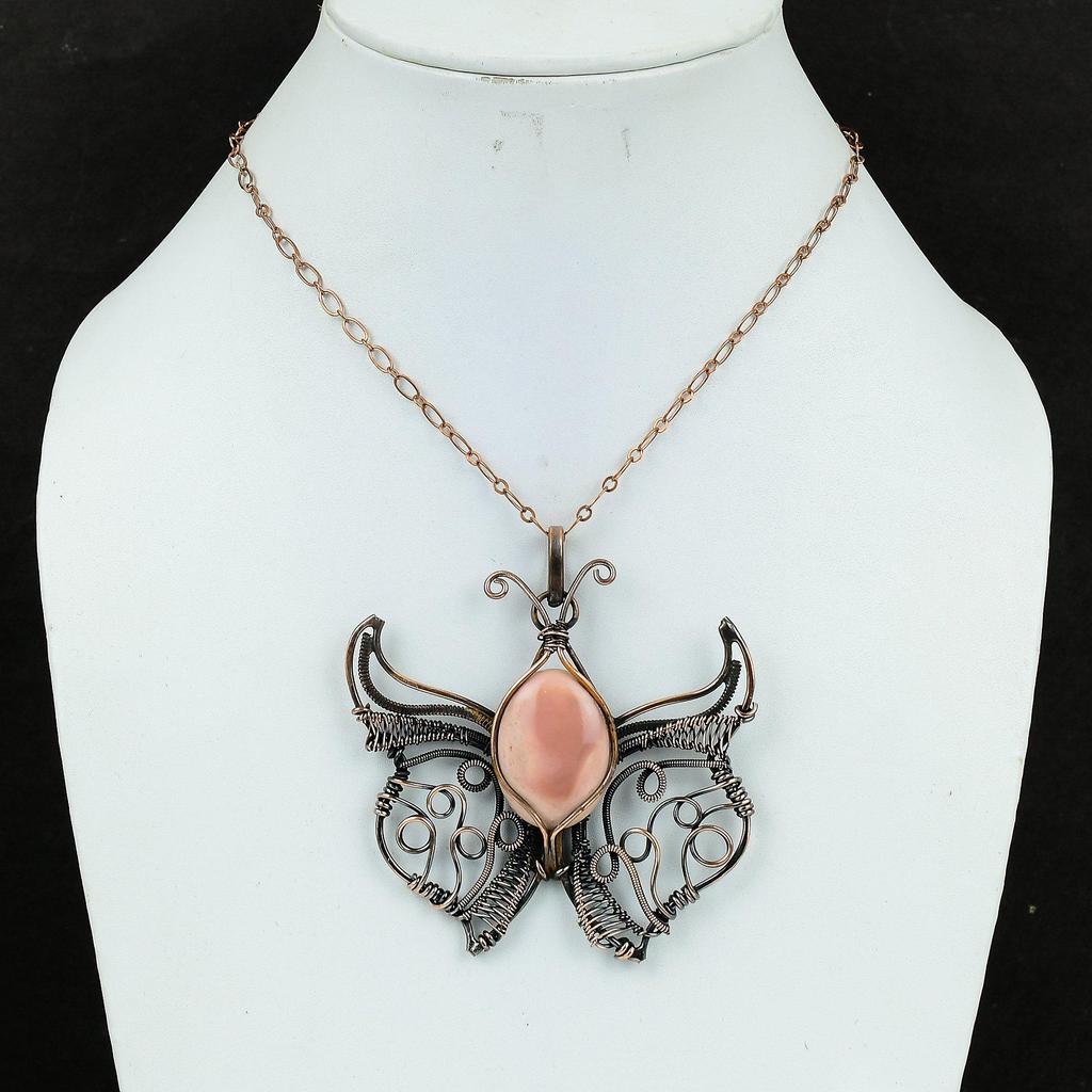 Pink Opal Pendant Copper Wire Wrapped Gemstone Pendant Butterfly Pendant Copper Jewelry Handmade Pendant Wire Wrapping Jewelry Gifts For Mom