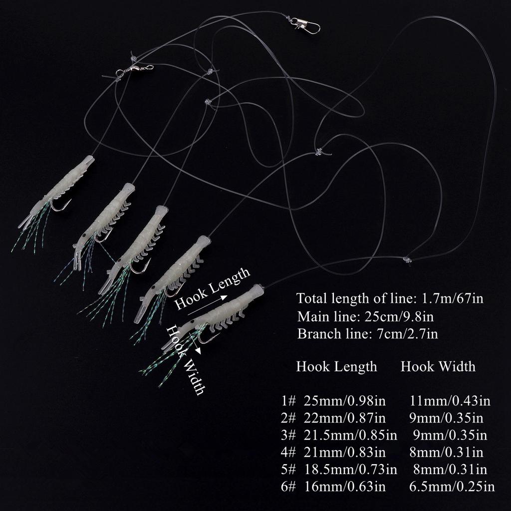 6 Pack Glow in Dark Saltwater Shrimp String Hooks 5 Hooks High Visibility Pre-Rigged 1-6 Mixed Sizes Fishing Lure Bait Tackle Kit