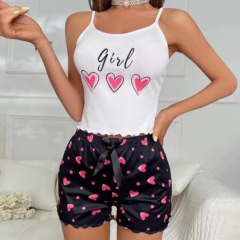 Sommer Damen Milchseide Ärmelloses Camisole Shorts Pyjama-Set mit Herzprint Lässige Nachtwäsche Zweiteiliges Set