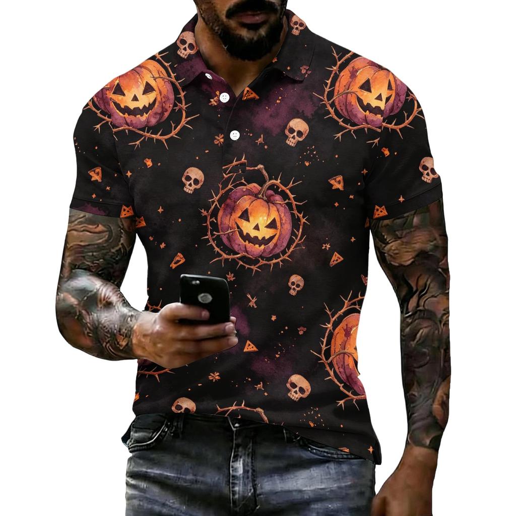 Men's Halloween Print Short Sleeve Polo Shirt Loose Fit Casual Summer Daily Wear Button Down Collar Top