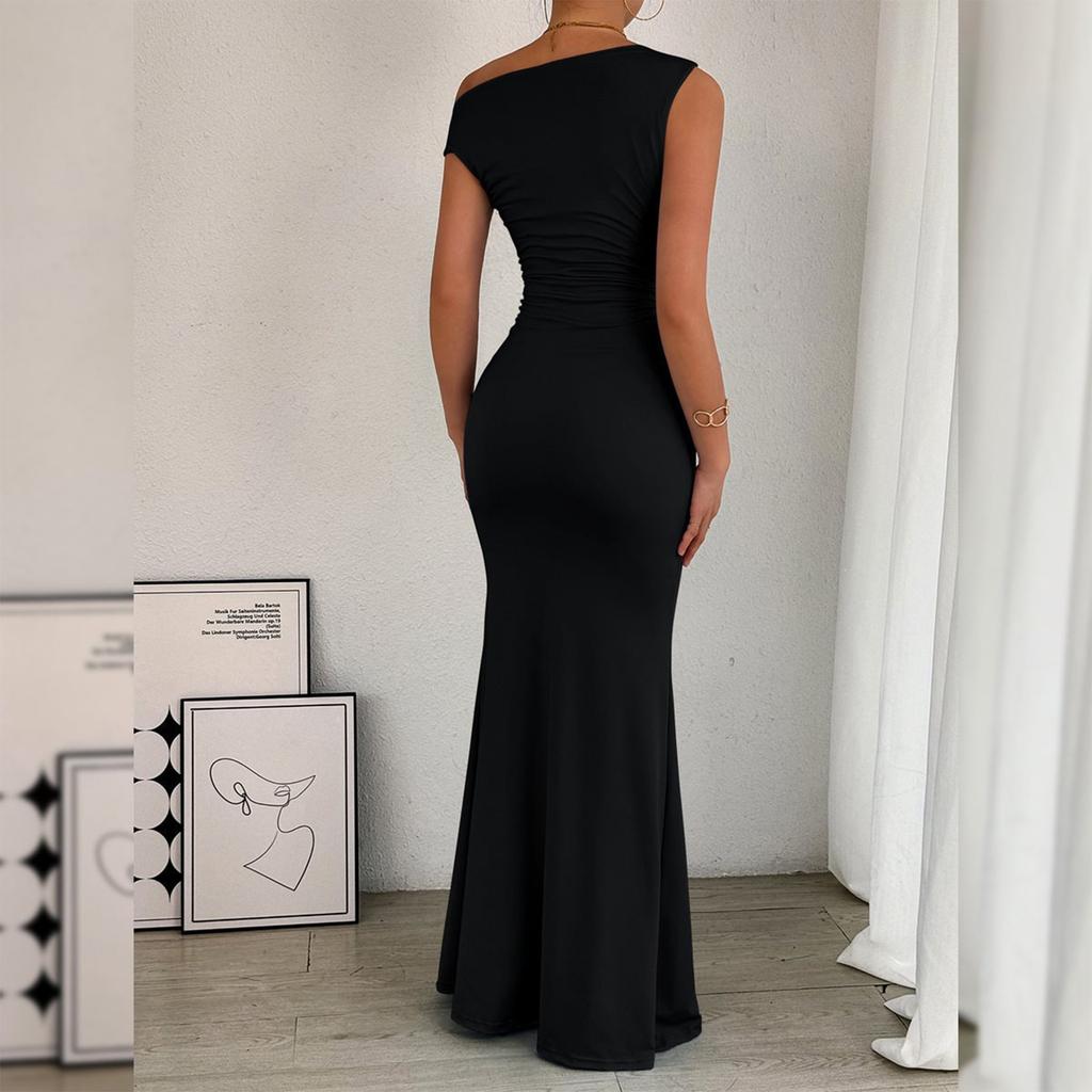 Women's Casual Fashion Slant Shoulder Collar Pleated Sleeveless Dress