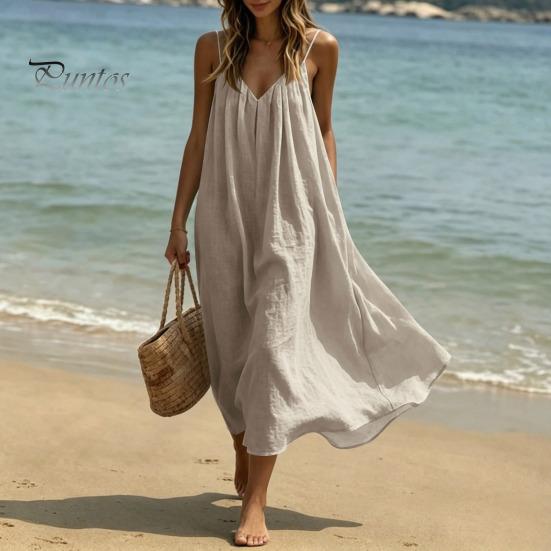 Soft Fabric Dress Women's Spaghetti Strap Beach Sundress, Summer Sleeveless V Comfortable Neck Cami Dress, Loose Flowy Vacation Long Versatile Holiday