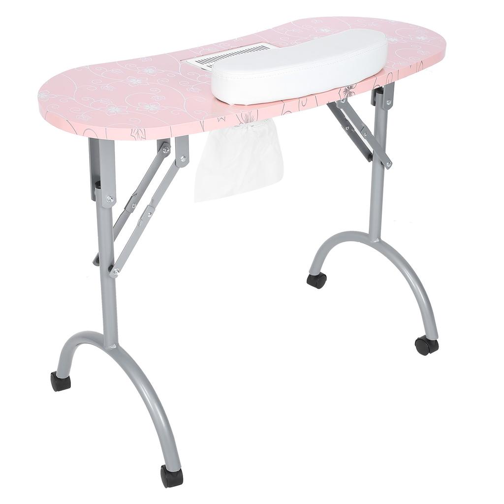 Pink Folding Manicure Table Station Salon Hand Pillow Nail Art Desk with Dust CollectorEU Plug 220V