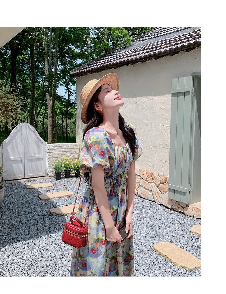 French Retro Floral Puff Sleeve Dress - Summer 2025 Waist-Slimming Holiday Beach Style