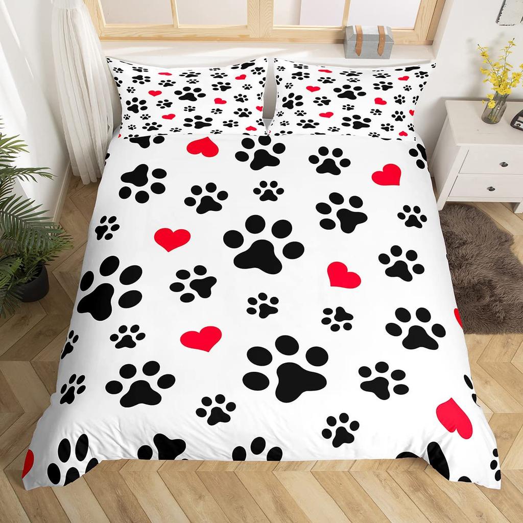 Dog Paw Print Duvet Cover Set Puppy Bedding Set Cute Animal Cartoon Pattern Quilt Cover