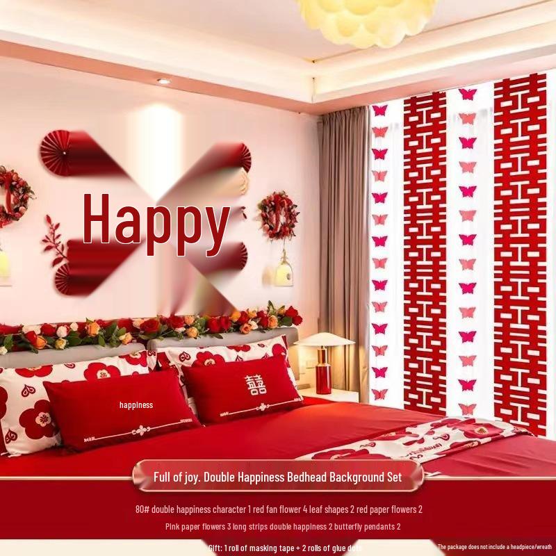Wedding Room Decor: Double Happiness Banner for Bedroom Headboard & Curtains.