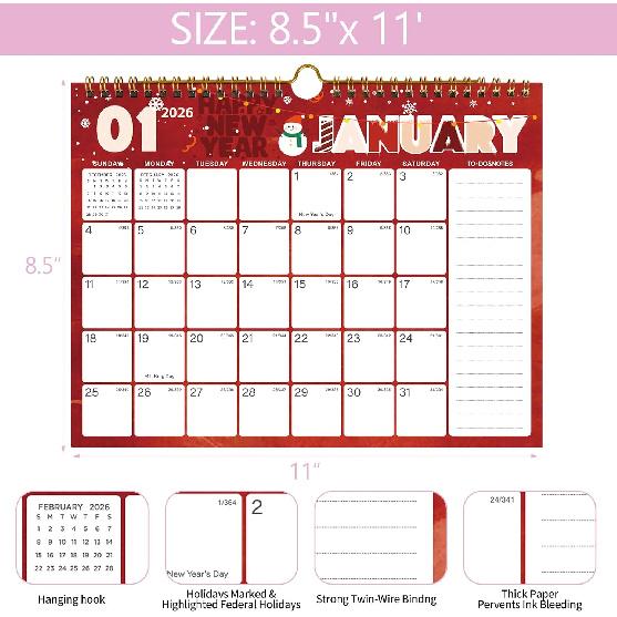 2026-2027 Wall Calendar, Calendar 2026-2027, 18 Monthly Wall Calendar from January 2026 to June 2027, 11 x 8.5 Inches Thick Paper, Large Ruled Blocks