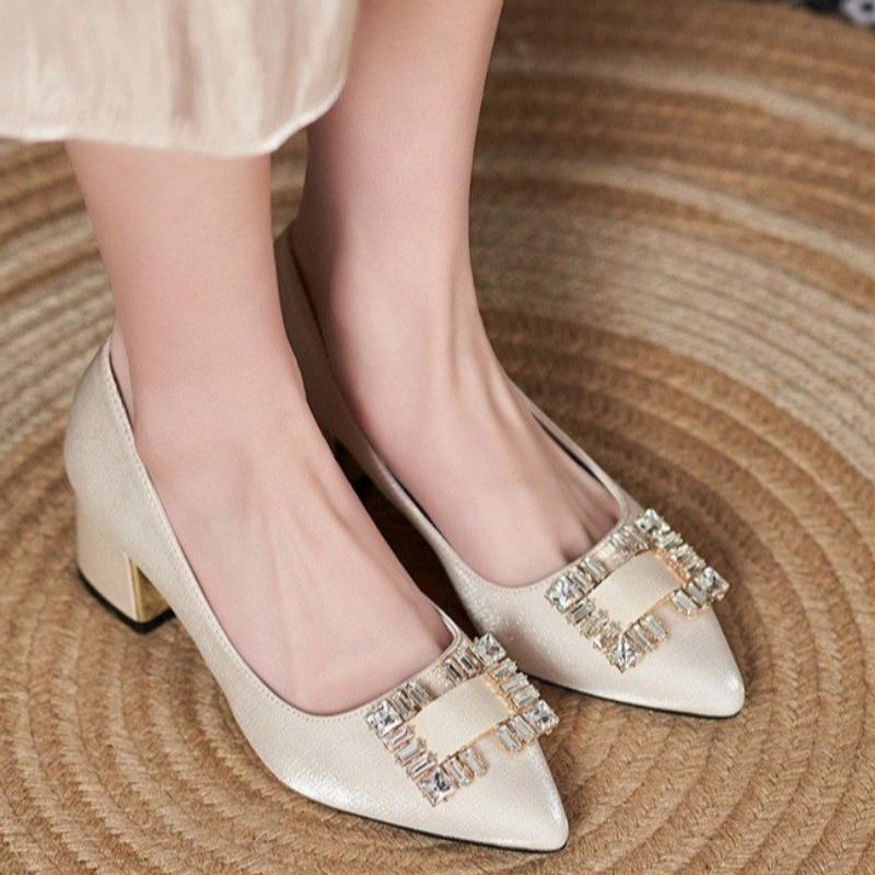 Fall New Chunky Single Shoes Women's Fashion Pointy Shallow Mouth Sequins Buckle A Slip-on Low-top Shoes