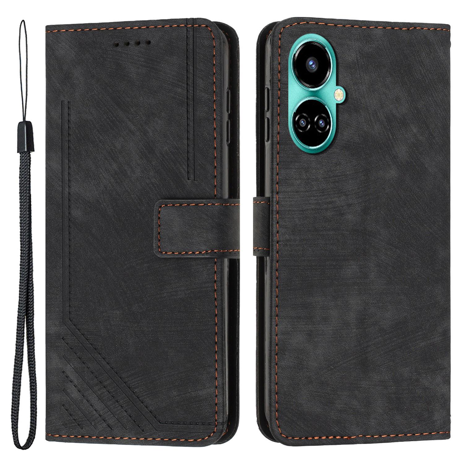 

For TECNO Camon 19 4G/19 Pro 4G/19 Pro 5G Leather Phone Cover Stand Skin-Touch Lines Imprinted Wallet Case Black