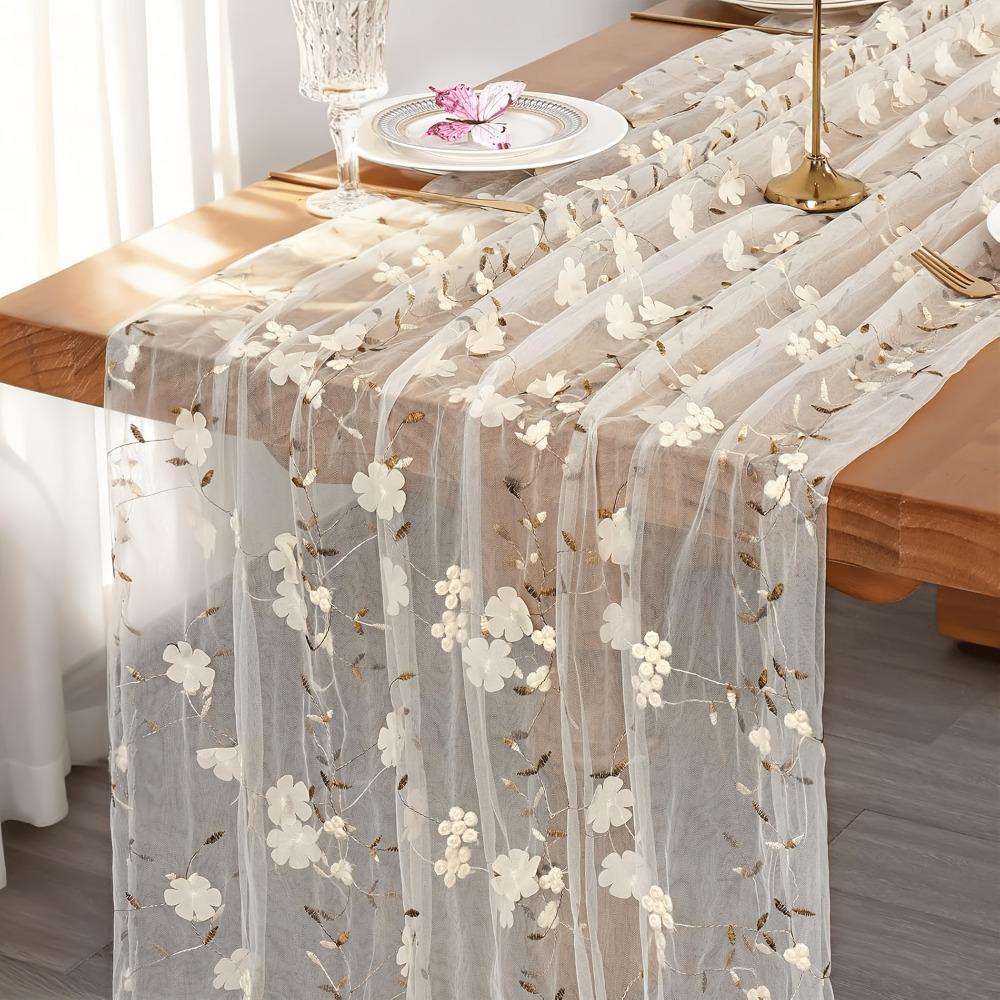 70x300CM Floral Table Runner Floral Embroidery Sheer Table Cover  For Table Decoration