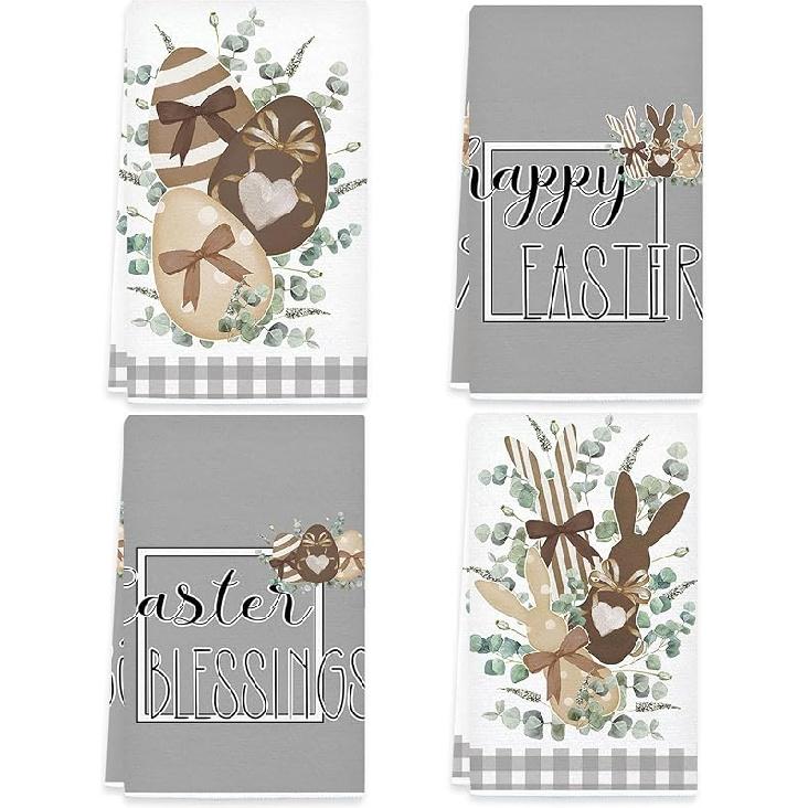 Camping Kitchen Towels Set of 4 Dish Towels Kitchen Hand Towels Kit Printed with Funny Sayings Novelty Gifts for Campers Happy Camper Camping Tent Easter Gray