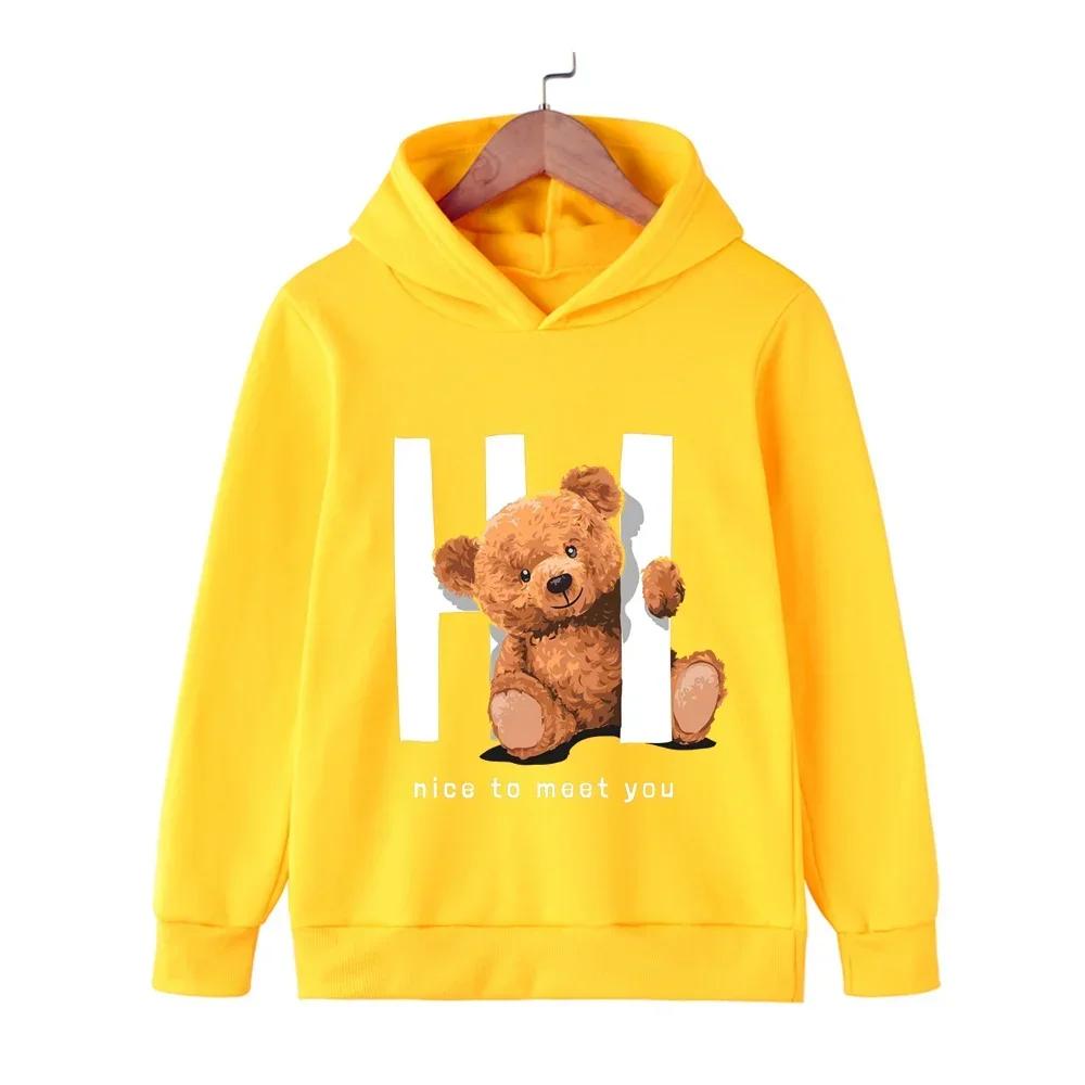 Herbst Winter Kinder Hoodies Kawaii Hi Teddybär Druck Mädchen Jungen Babykleidung Lässige Mode Kinder Sweatshirt Pullover Tops