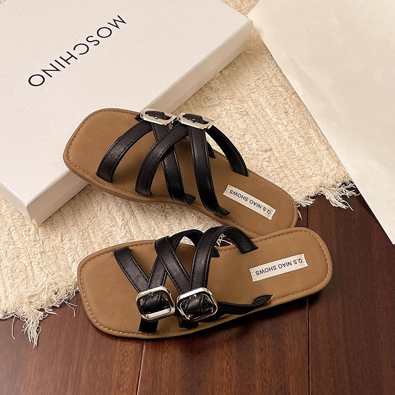 Mode Platta Sandaler Sommar Nya Fyrkantig Tå Öppen Tå Metallspänne Tunn med Mjuk Sula Halkfria Slitstarka Tofflor