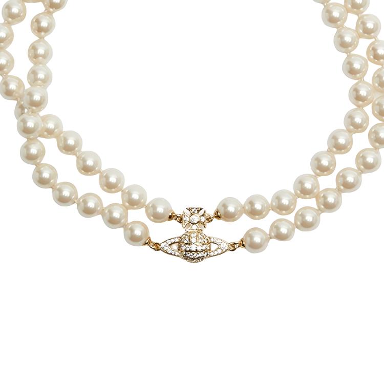 VIVIENNE WESTWOOD Graziella Perlový Choker Dvouvrstvý Perlový Stříbrný Náhrdelník Dámský náhrdelník Zlatý 6303003K-02R143