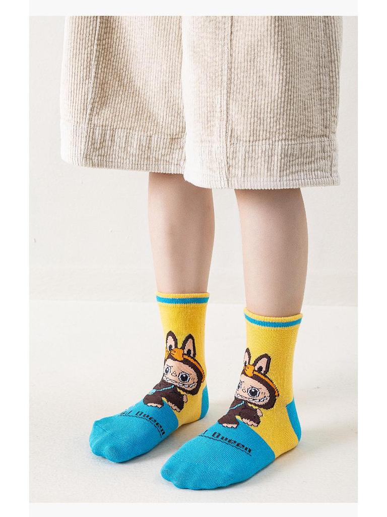 Labubu Jungen Cartoon Baumwolle Mittelwaden-Socken - Geruchsresistent für Frühling, Herbst und Winter