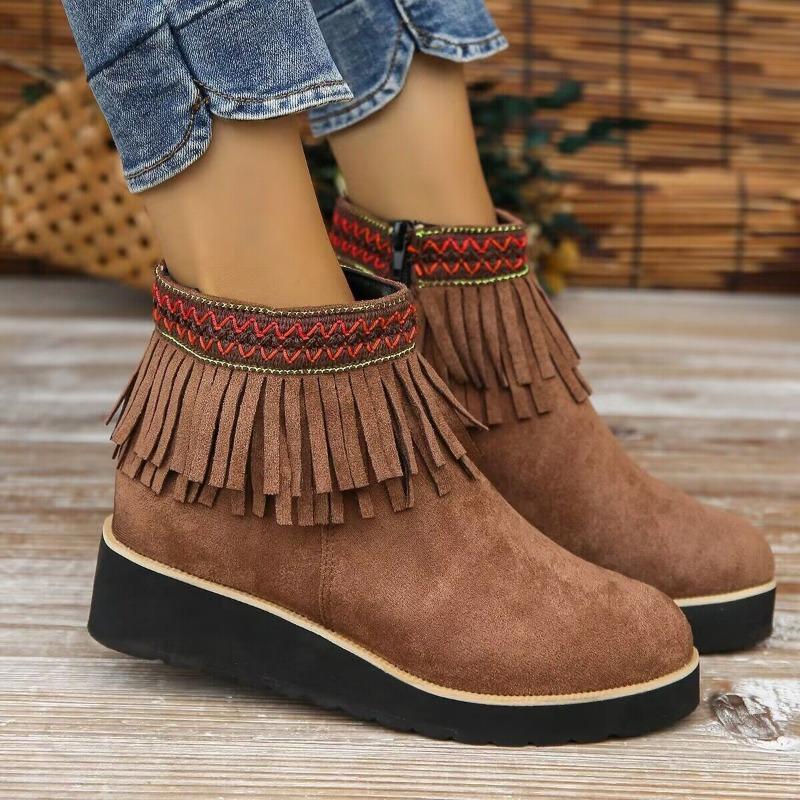 Autumn and winter new sweet fringed boots women's slope heel platform short boots matte large size boots shoes