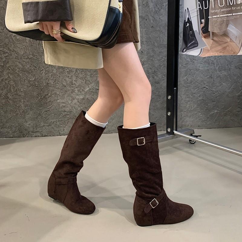 2025 new breasted fashionable round head boots thick-soled versatile high boots black Korean version retro knight boots women