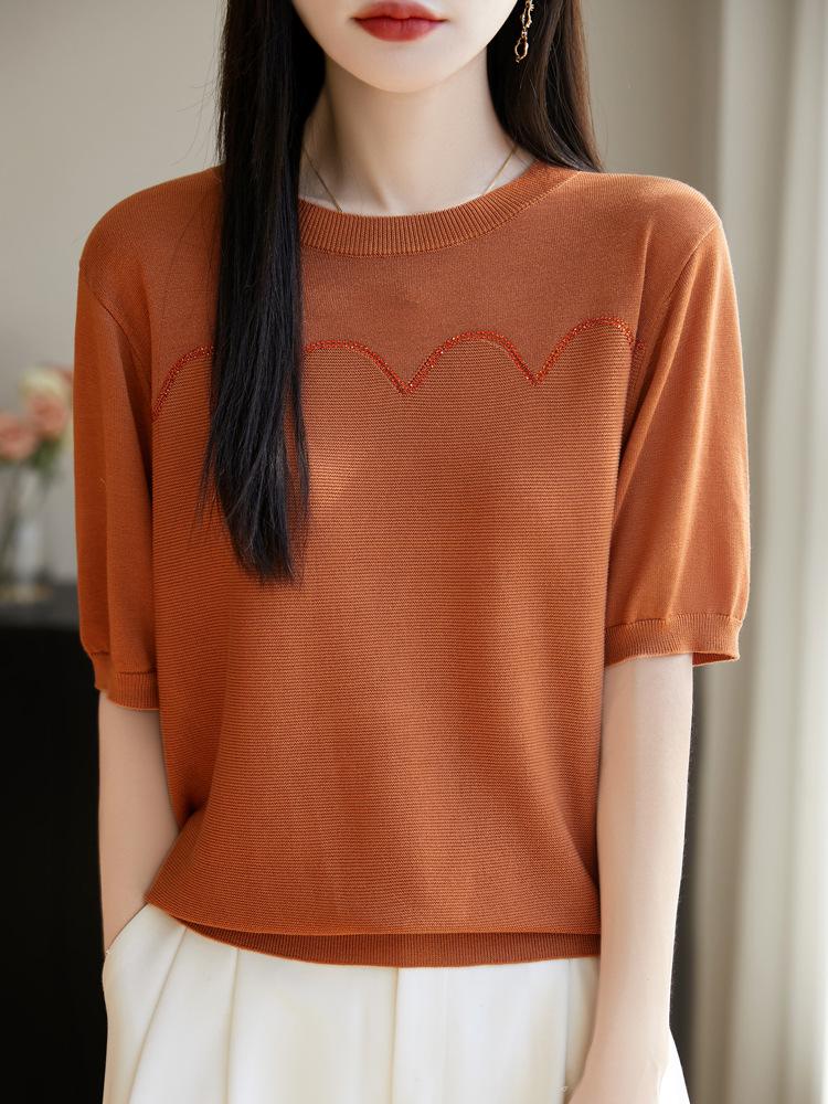2025 Summer Round Neck Knit Short Sleeve Women's Slimming Casual Top