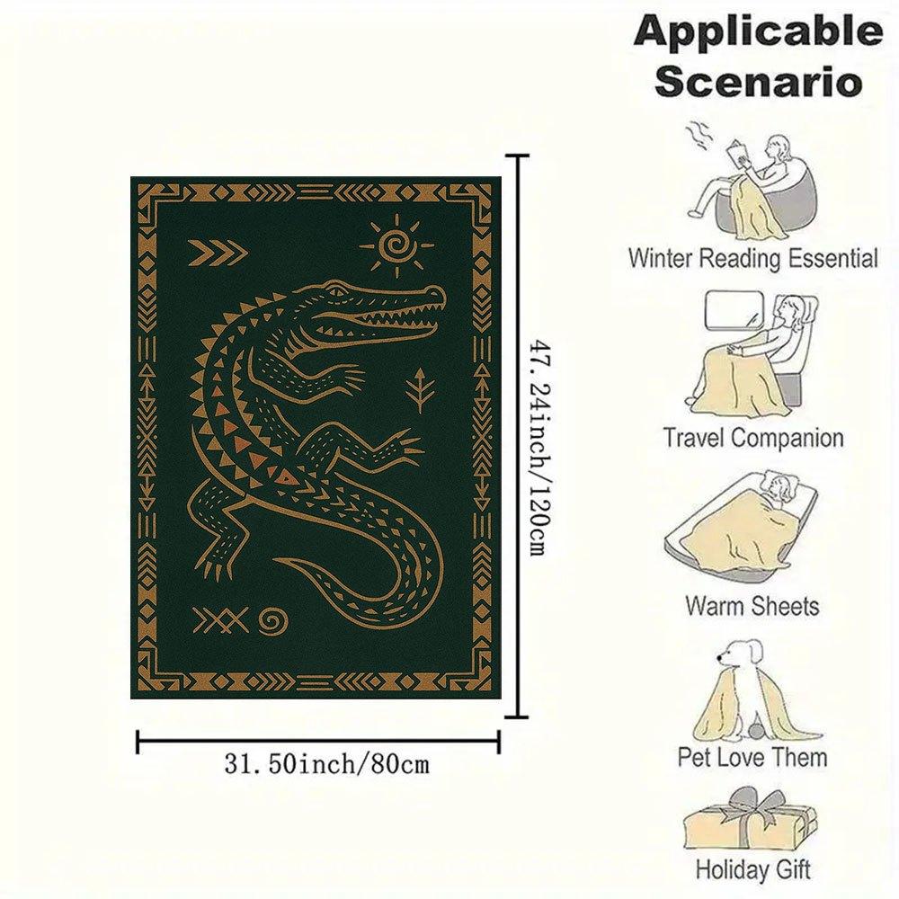 Golden Crocodile Rug with Ethnic Patterns - Unique Home DecorBlanket Flannel Throw Blanket for Sofa, Bed, Travel, Camping, Office, Couch, Ch