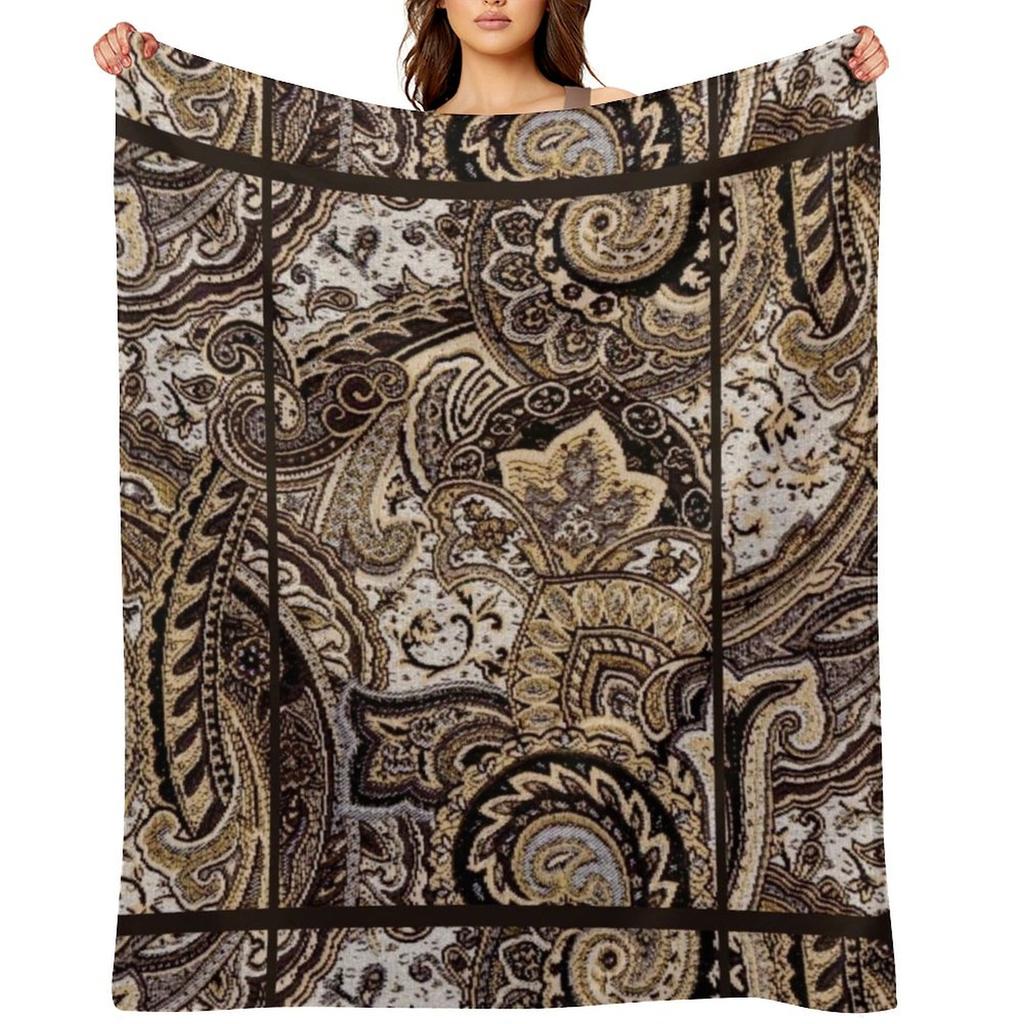 Paisley Tan Brown White Black Abstract Textures Fabric Print Throw Blanket Bed Fashionable Beautifuls Luxury Blankets