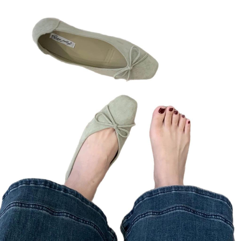 French Fragrant Flat Bottom Square Head Red Bow Single Shoes Women's Shoes 25 New Spring Versatile Gentle Commuter Shoes