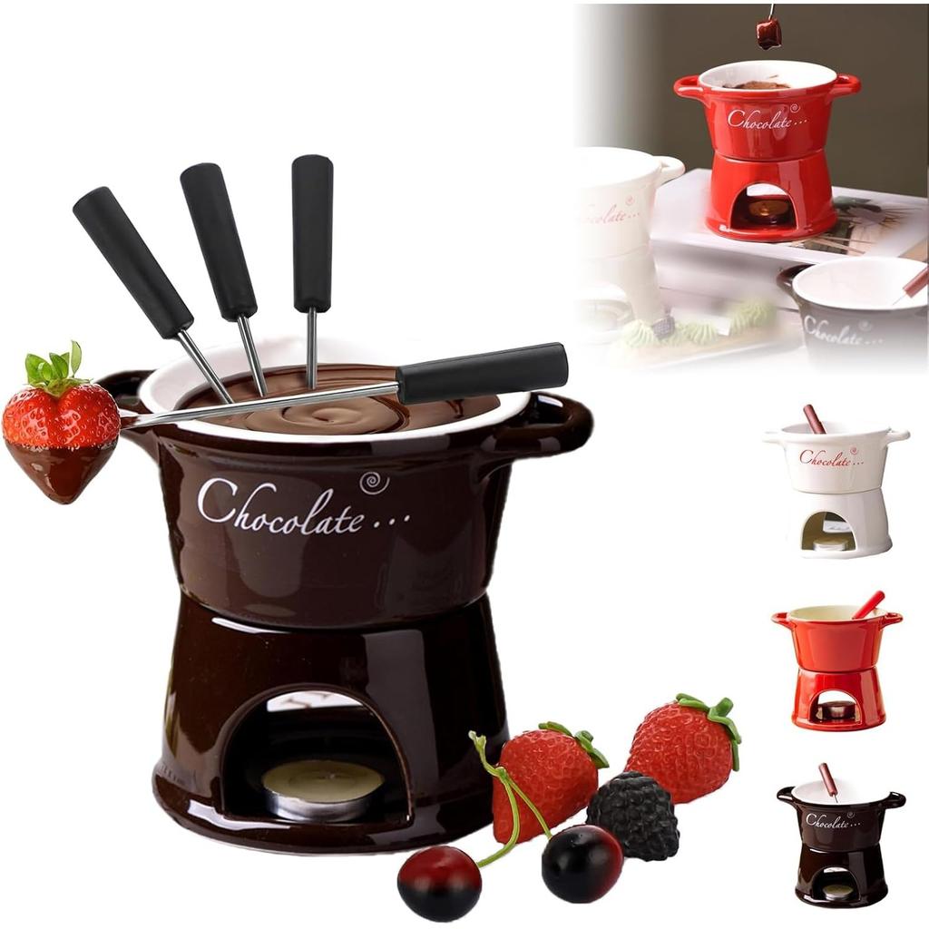Chocolate Fondue Mug, Chocolate Melting Cup Tea Light with Forks and Candle, Butter Warmers Pot Set, Cheese Melting Cup, Warmer Mug