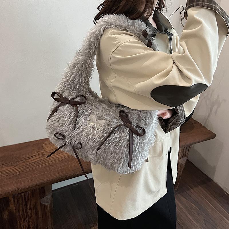Korean Style Ins Bow Fluffy Shoulder Bag Autumn Winter New Large Capacity Cute Commuter Handle Bag Texture Simple Storage Bags