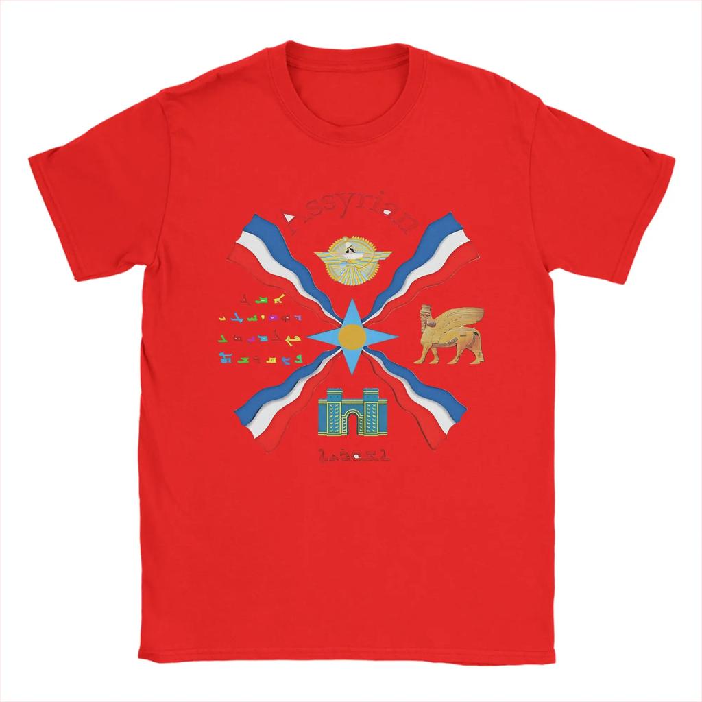 Assyrian Flag  T Shirts for Men Cotton Hipster T-Shirt Round Collar  Tee Shirt Short Sleeve Clothing Plus Size