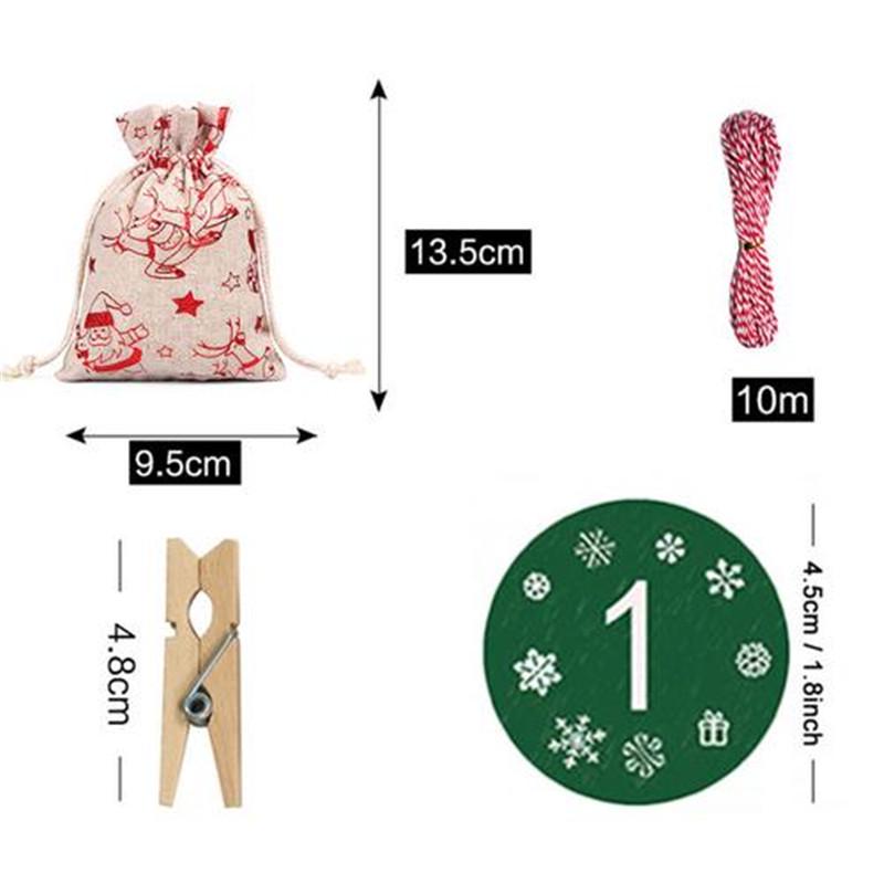 24 PCS Christmas Calendar Countdown Bag Candy Chocolate Sack Linen Storage Pouch