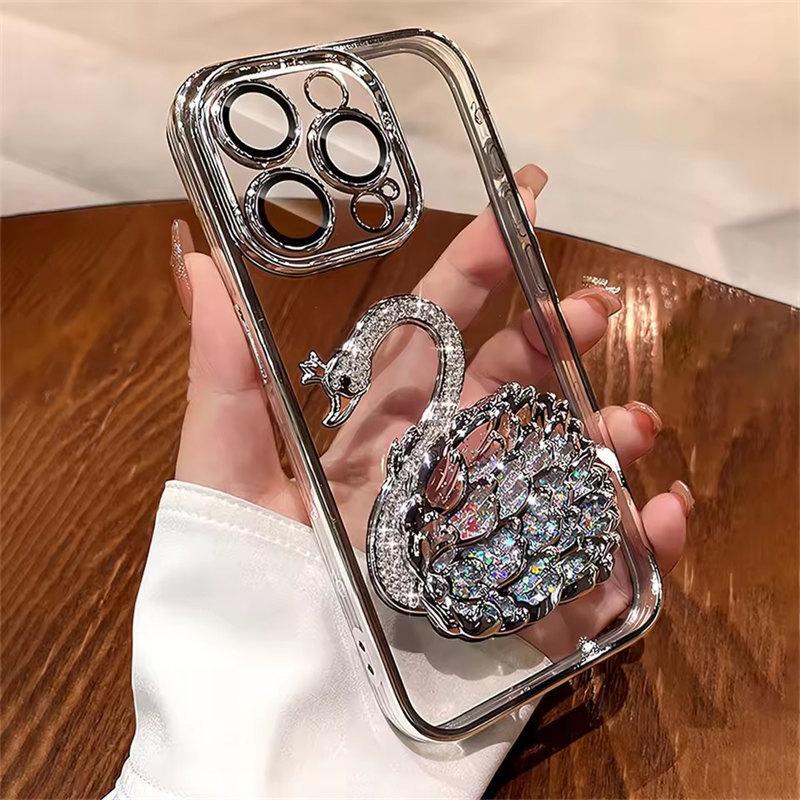 Luxury Plating Bling Glitter Gradient Diamond Swan Quicksand Phone Case For iPhone 15 12 13 14 16 Pro Max Plus Shockproof Cover