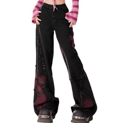 Black Jeans Women's Washed Old Rough-edged Wide-leg Pants Trousers Fashion Unique  Relaxed Wide-leg Silhouette with Durable Fabric, All-match Jeans