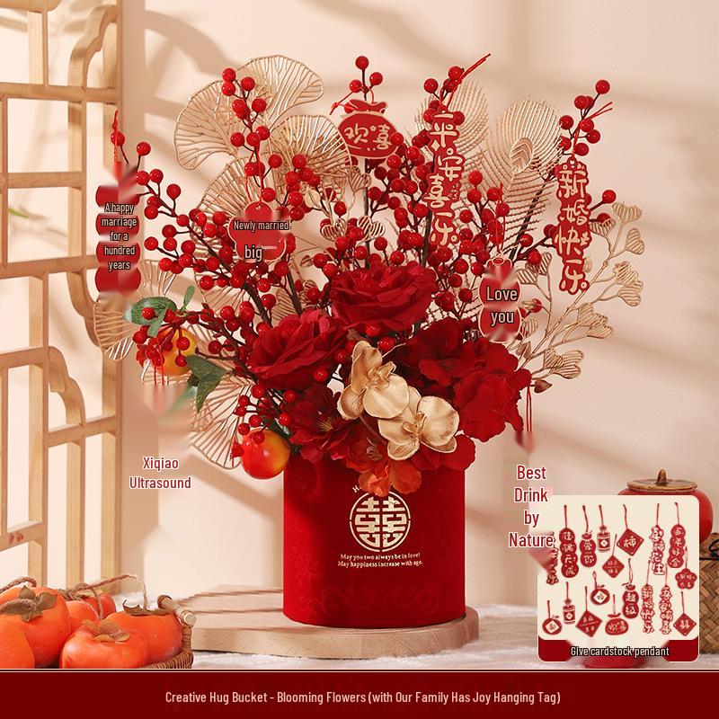 Engagement & Wedding Ornaments: Room Decor Bouquet & Double Happiness Bucket Set for Newlyweds - Ideal for Master Bedroom & Living Room.