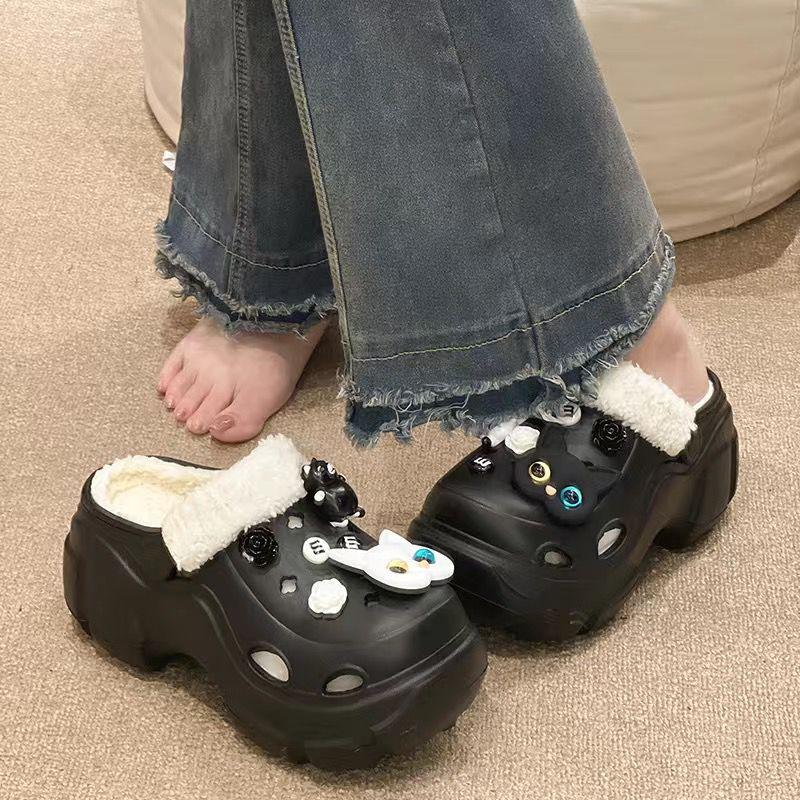 Plus Velvet Cotton Hole Shoes Women's Autumn and Winter Inner Liner Outer Wear Increased Thick-soled Woolen Cotton Slippers