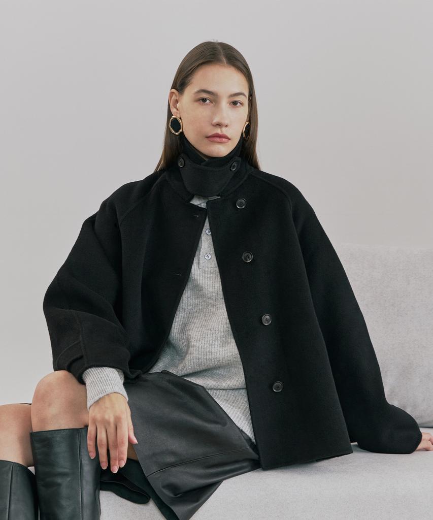 PINBLACK High-Neck Tab Handmade Wool Short Coat