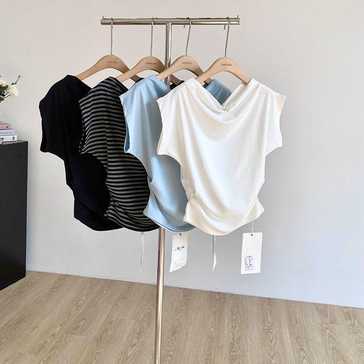 

2025 Summer French Inspired One-Shoulder Slim Tee S